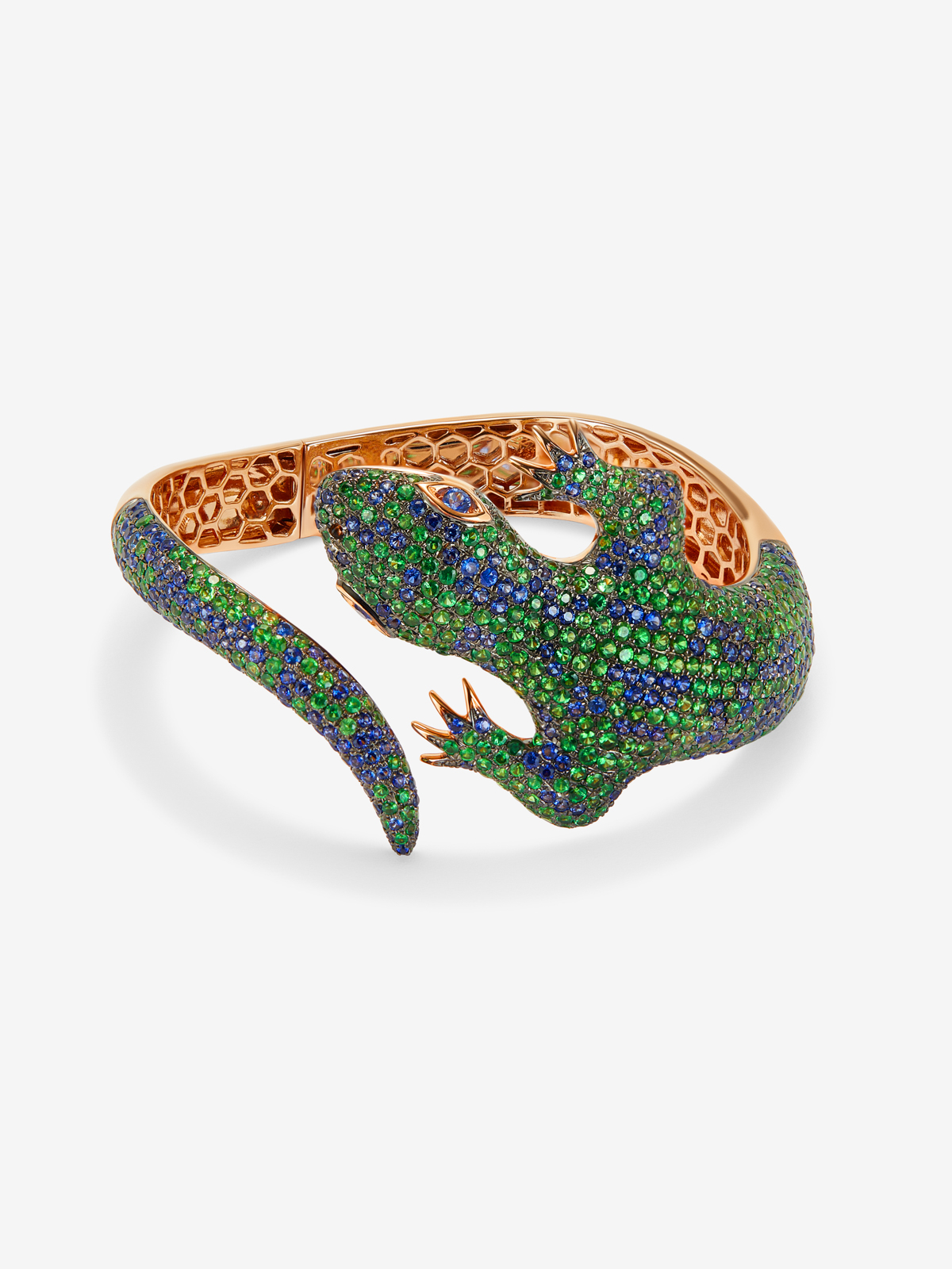 18K rose gold bracelet shaped by salamandra, with green tsavors 7.69 cts and blue sapphires 5.88 cts