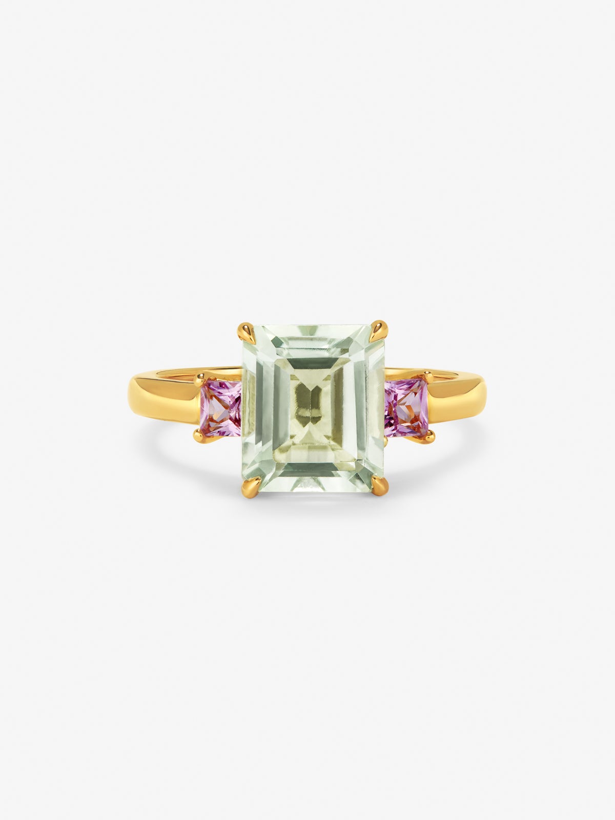 18K yellow gold triple ring with emerald-cut green amethyst of 2.53 cts and 2 princess-cut pink sapphires with a total of 0.41 cts