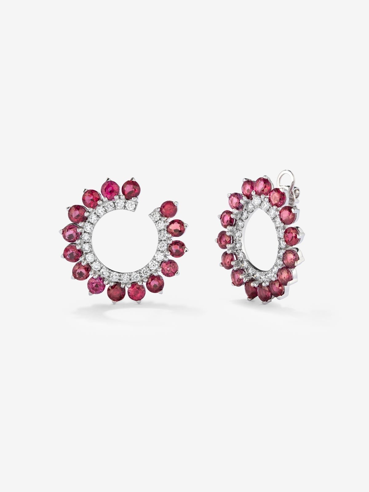 18K white gold hoop earrings with 30 brilliant-cut rubies with a total of 6.52 cts and 42 brilliant-cut diamonds with a total of 1 cts