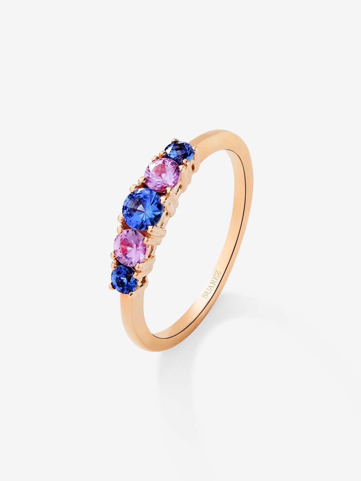 18K rose gold cinquillo ring with 5 brilliant-cut pink and blue sapphires with a total of 0.52 cts