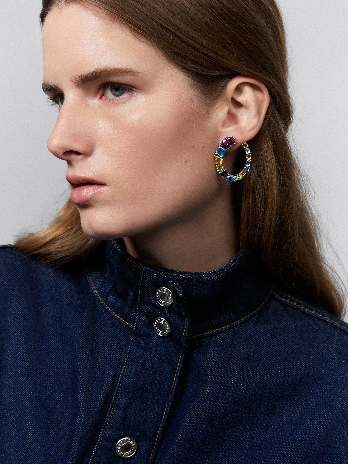 Large open hoop earrings 925 silver with multicolor gems