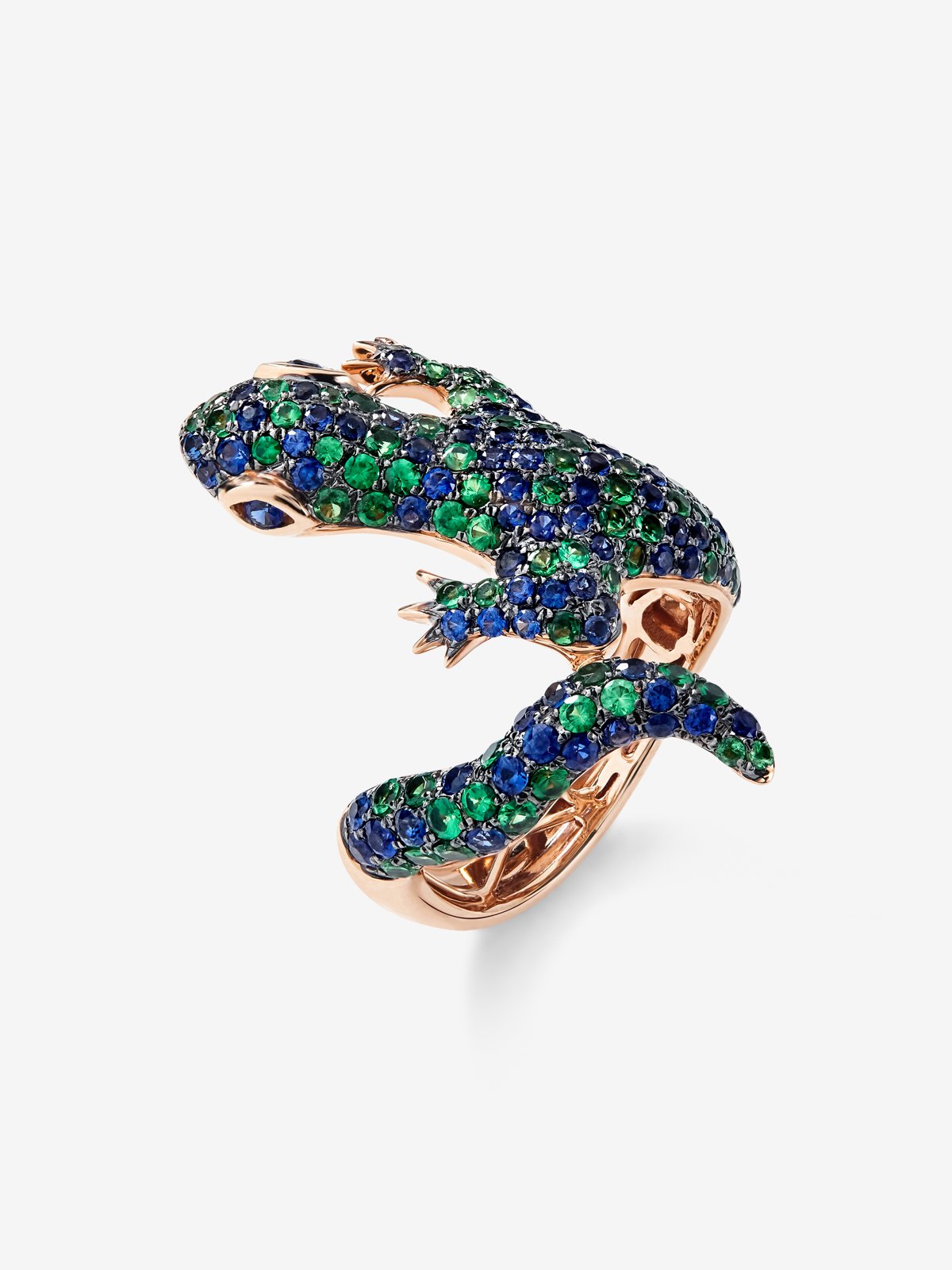 18K rose gold ring with 79 brilliant-cut tsavorites with a total of 1.35 cts and 81 brilliant-cut blue sapphires with a total of 1.35 cts in the shape of a salamander