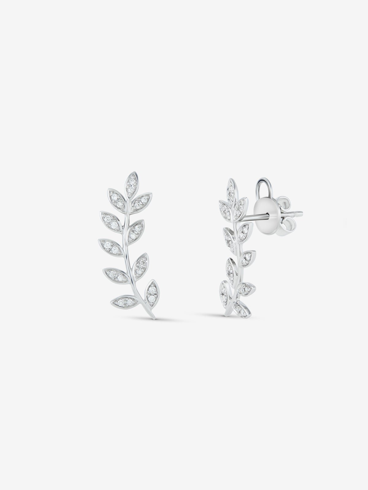 18K White Gold Climber Earrings with Diamond Leaves
