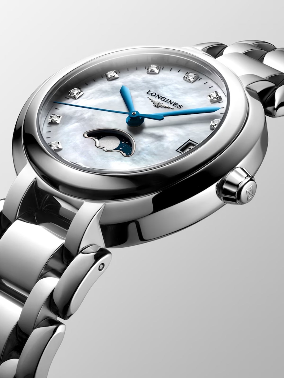 Longines Primaluna stainless steel watch with sapphire crystal, diamond indexes and automatic movement