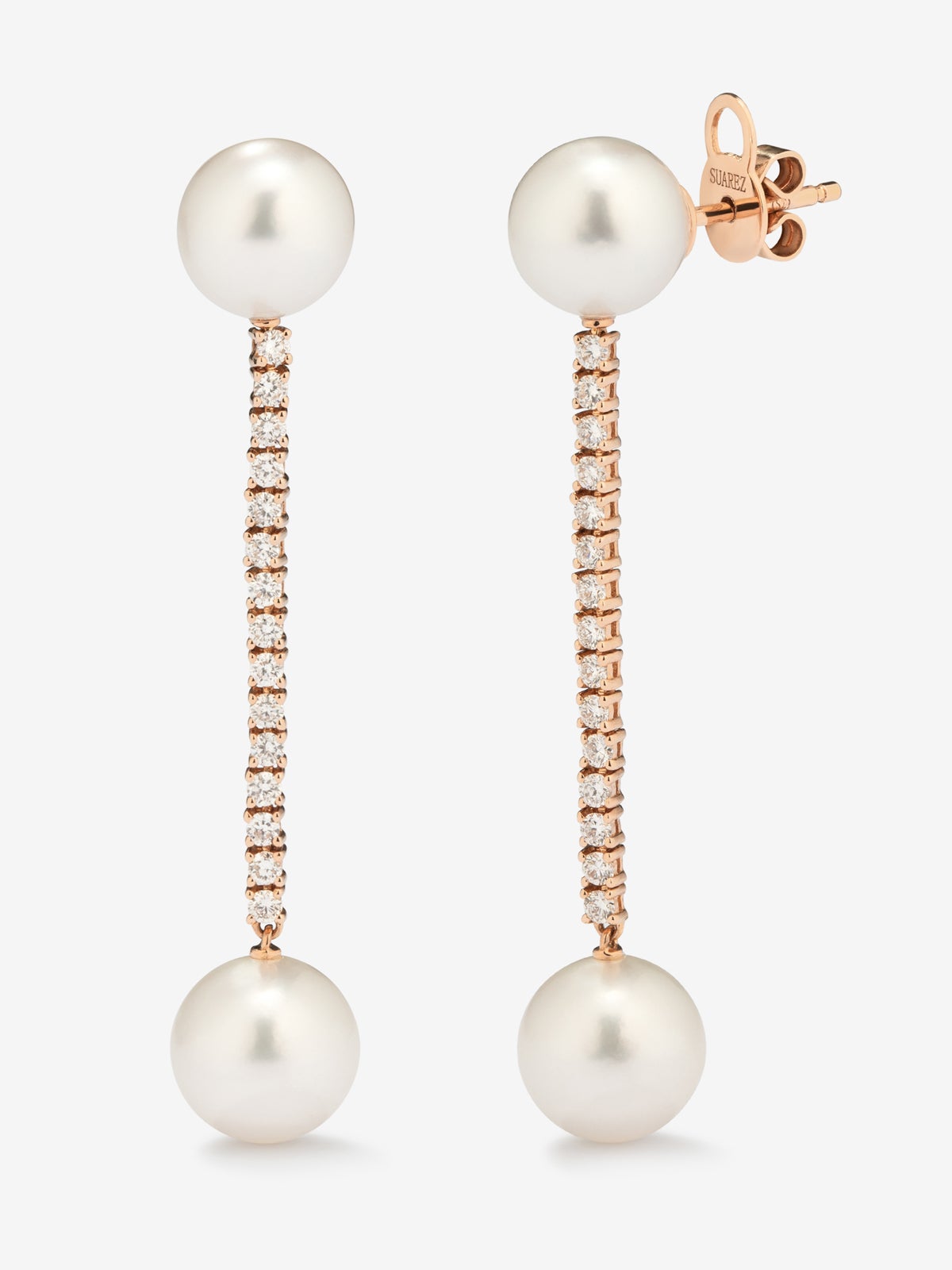 Pendientes colgante largo de oro rosa de 18K con diamante y perla