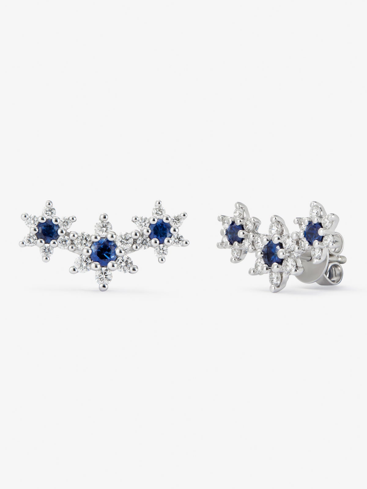 18K white gold climbing earrings with 0.75 ct brilliant-cut diamonds and 0.61 ct brilliant-cut blue sapphires
