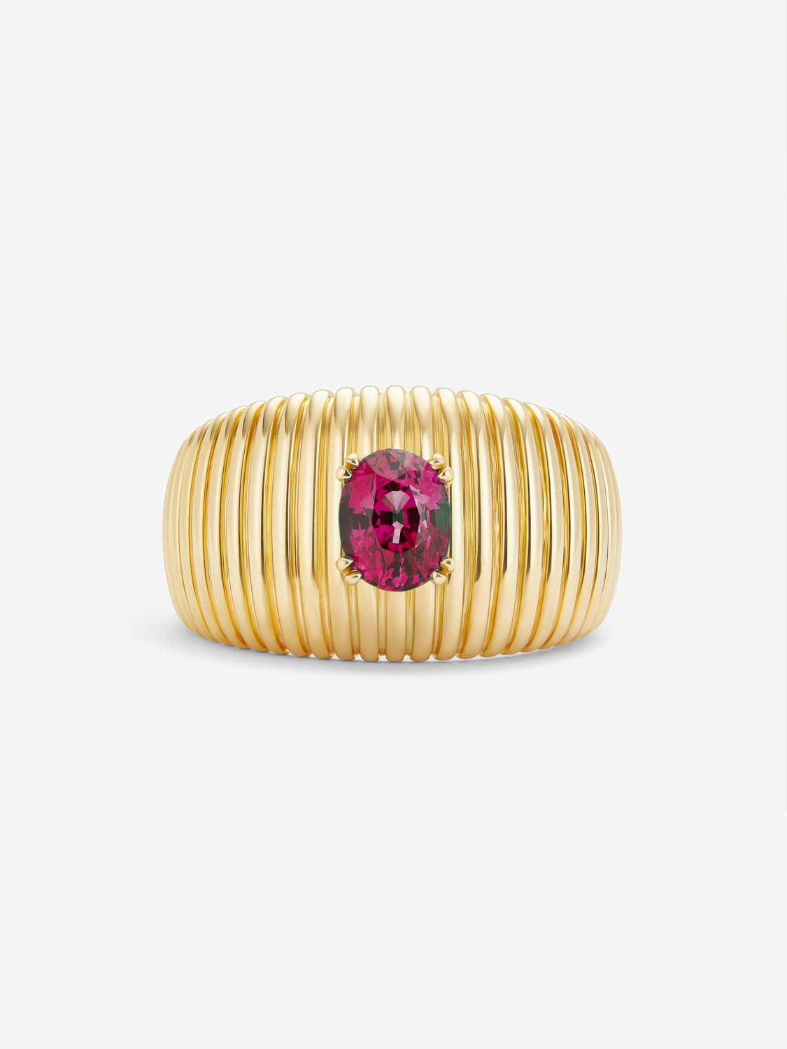 18K Yellow Gold Fluted Ring with Oval Cut Ruby