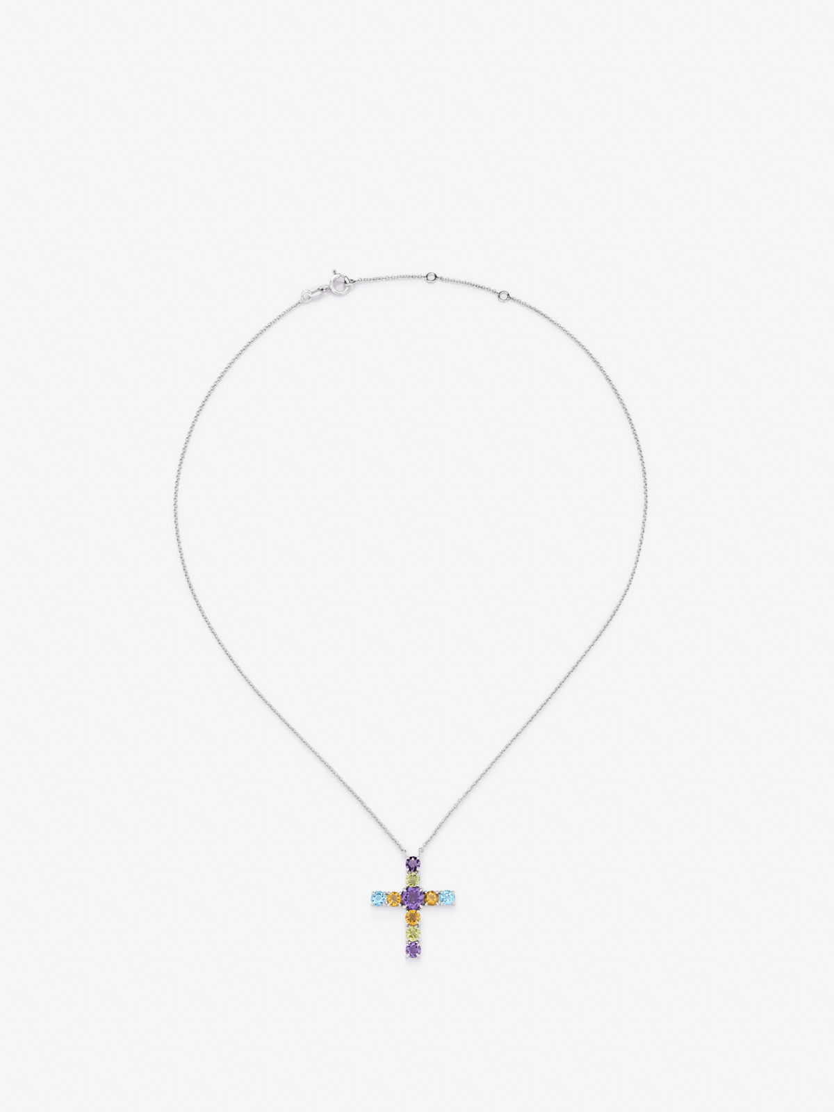 Pendant necklace with 925 silver cross and multicolor gems.