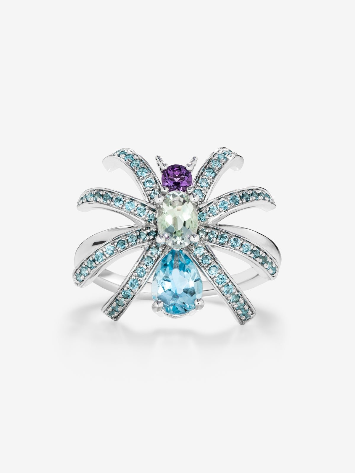 Anillo araña de plata con topacios y amatistas