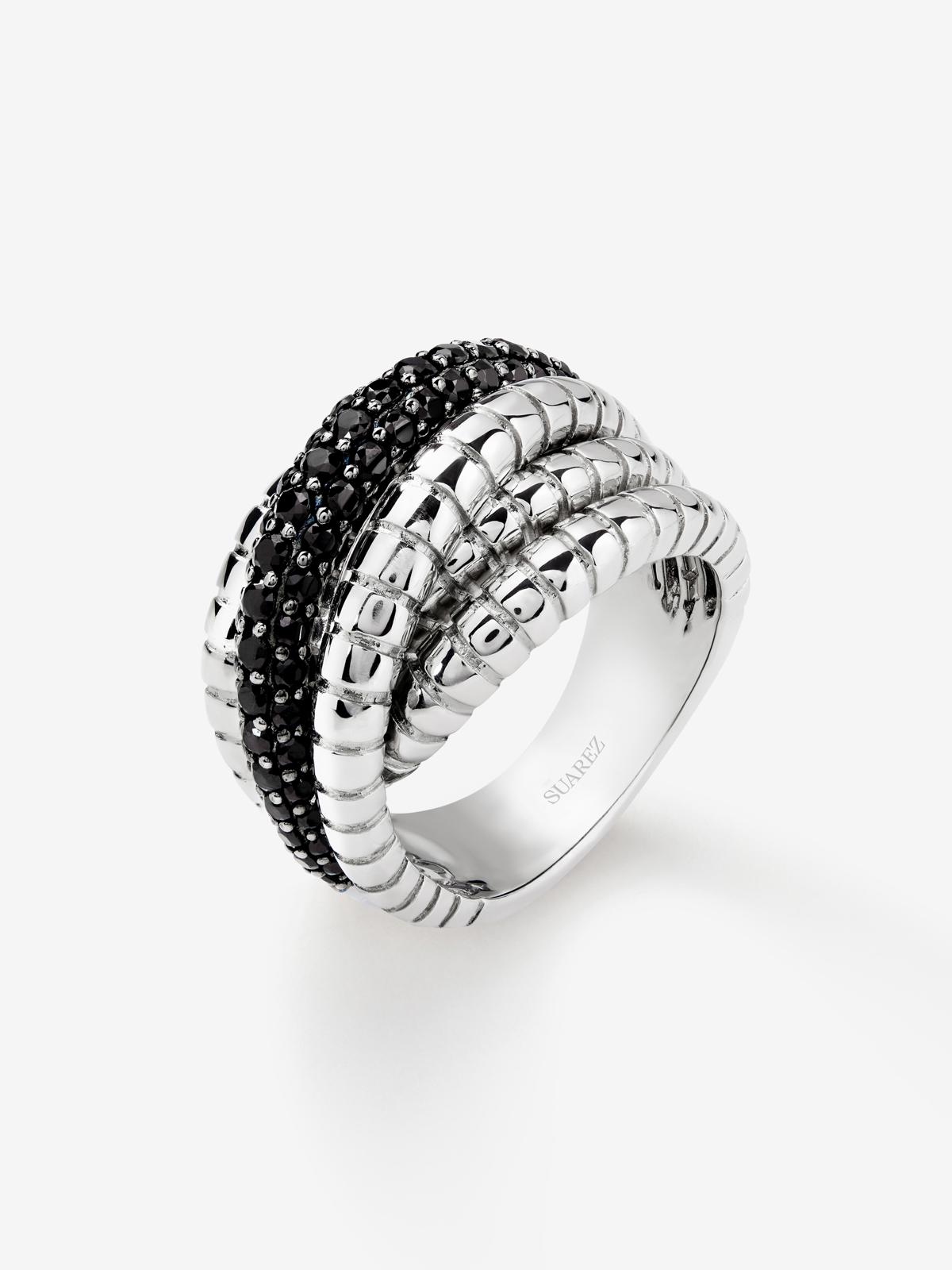925 silver multi-arm ring with brilliant-cut black spinels