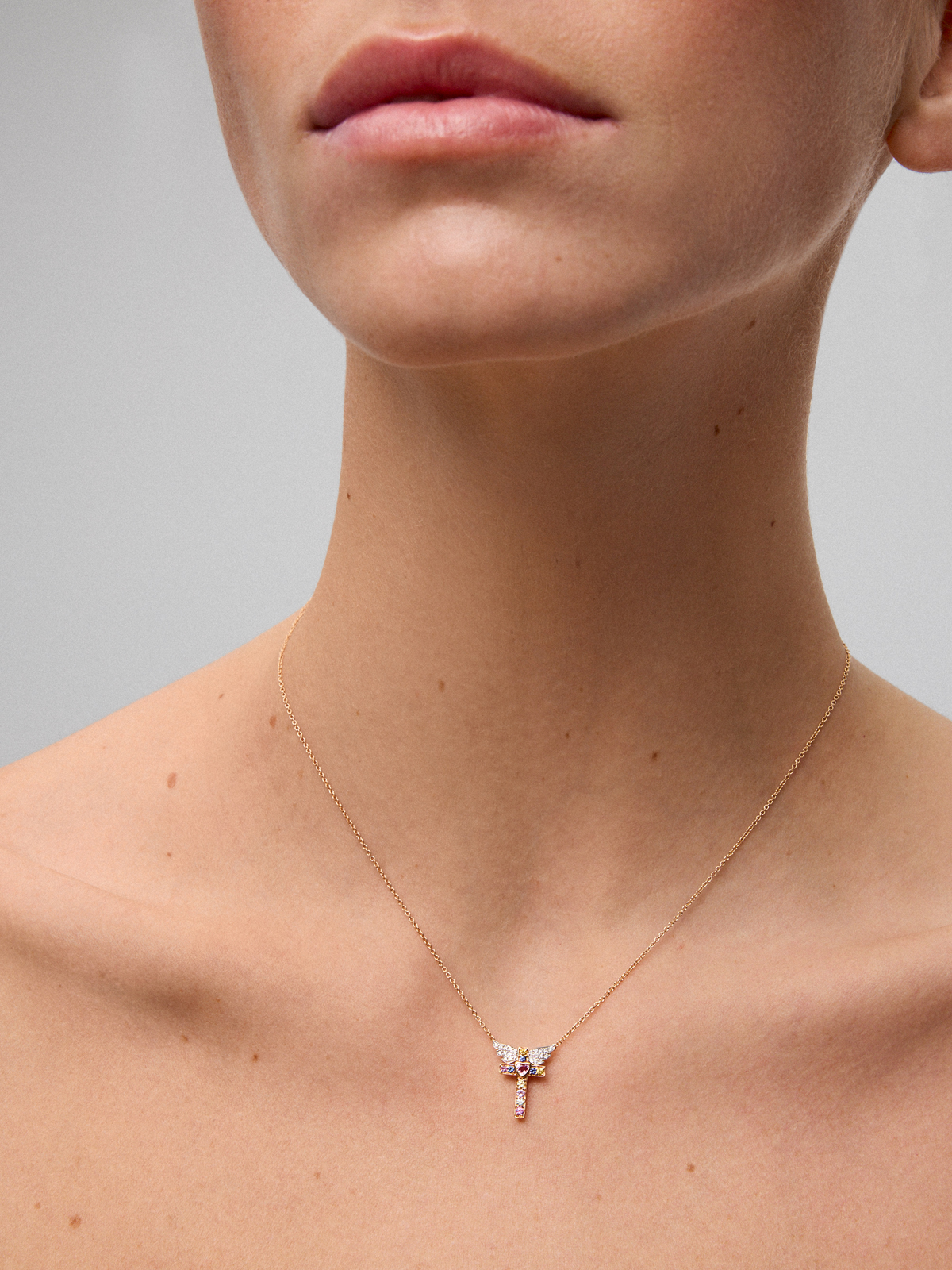 18K Rose Gold Cross Pendant Chain with Sapphire and Diamond.