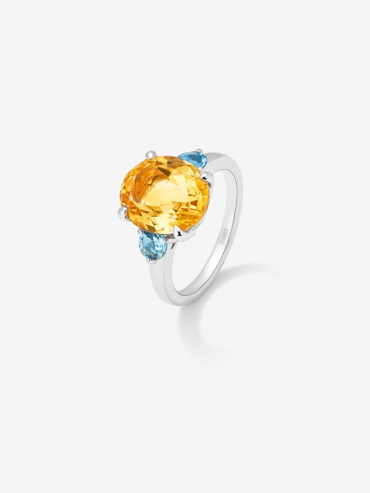 925 silver triple ring with oval-cut citrine quartz and 2 brilliant-cut Swiss blue topazes