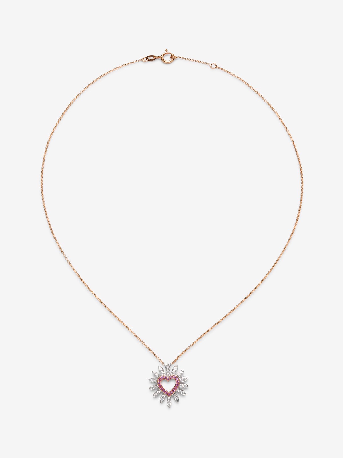 Colgante de corazón de oro blanco y rosa de 18K con diamantes blancos en talla brillante de 0,37 cts y zafiros rosas en talla brillante de 0,2 cts