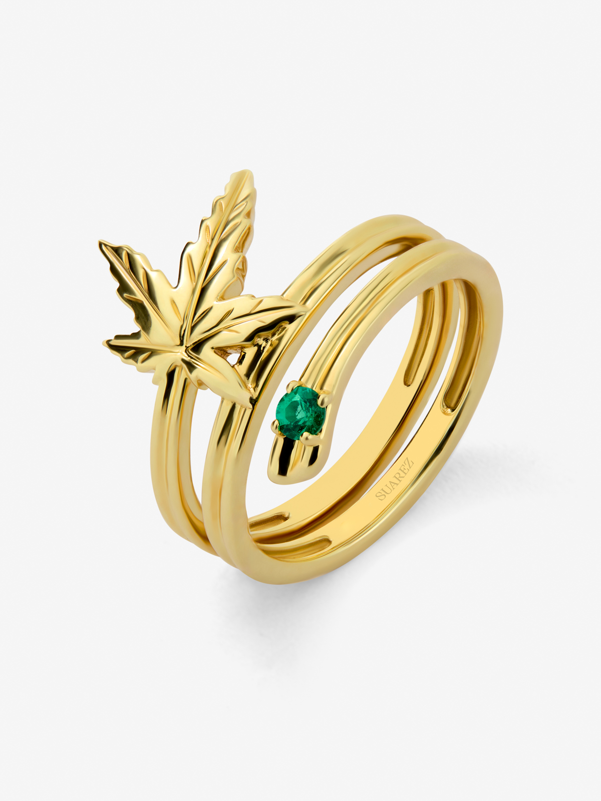Anillo de oro amarillo de 18K con esmeralda en talla brillante de 0,06 cts y forma de hoja de arce