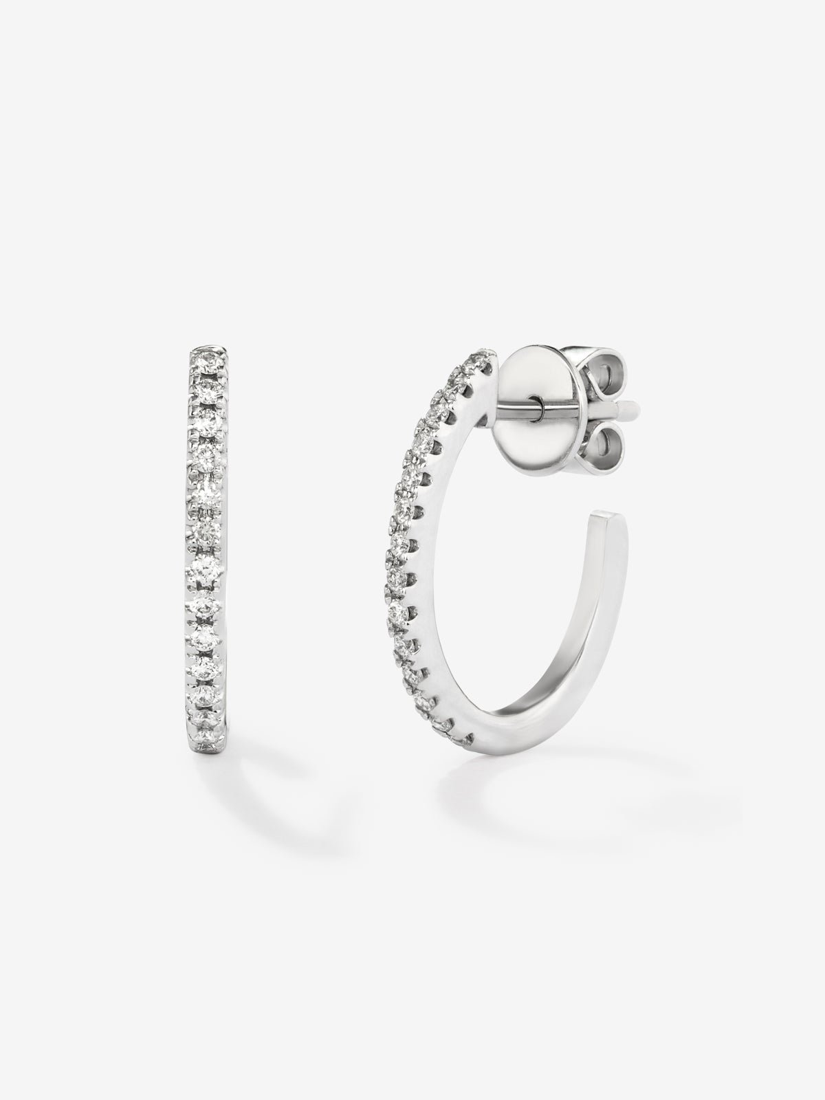 Thin hoop earrings made of 18K white gold with diamonds