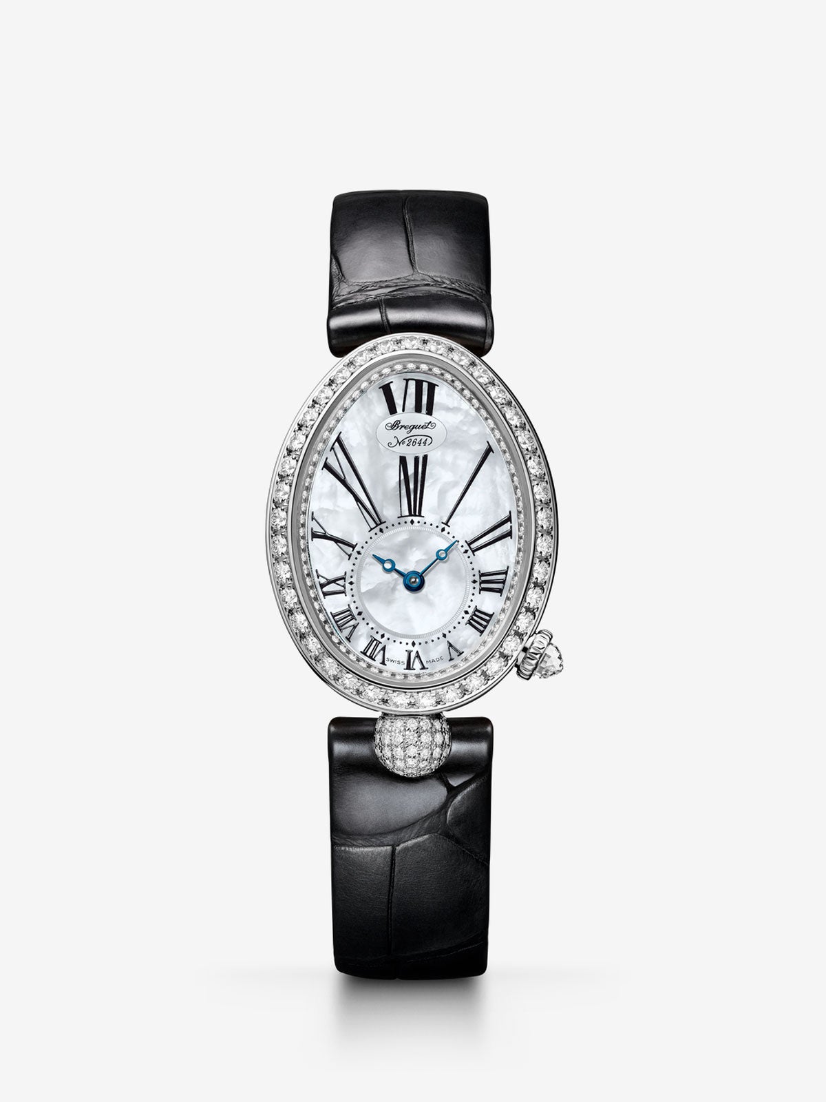 Breguet Reine de Naples watch in 18K white gold, mother-of-pearl and diamonds, leather bracelet, with sapphire crystal and mechanical movement