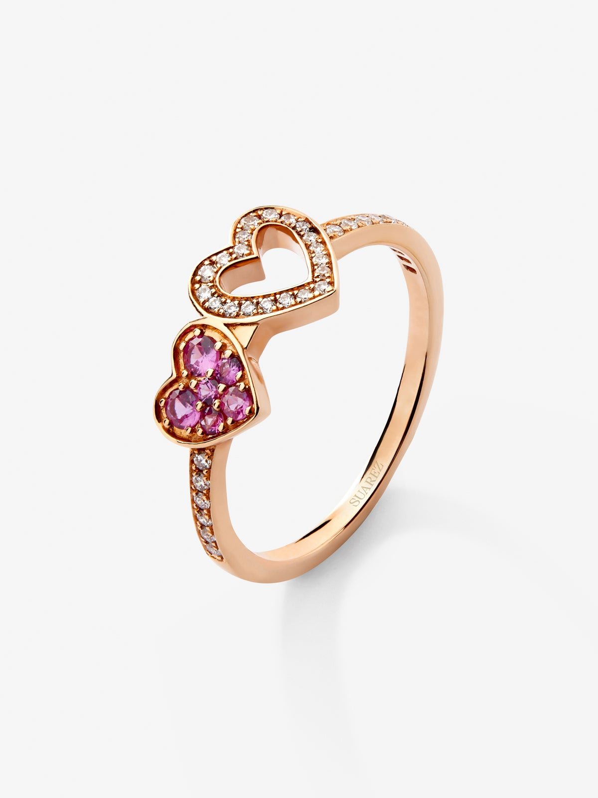 18kt rose gold ring of hearts with diamonds and pink sapphires