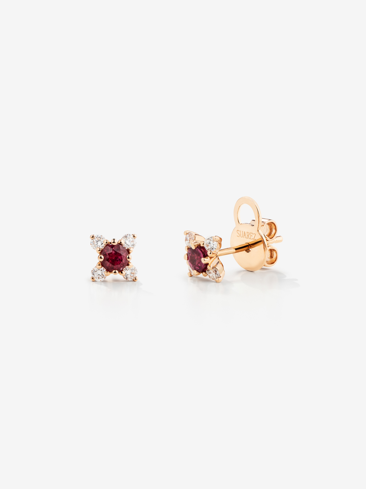 18K rose gold flower earrings with ruby and diamonds.