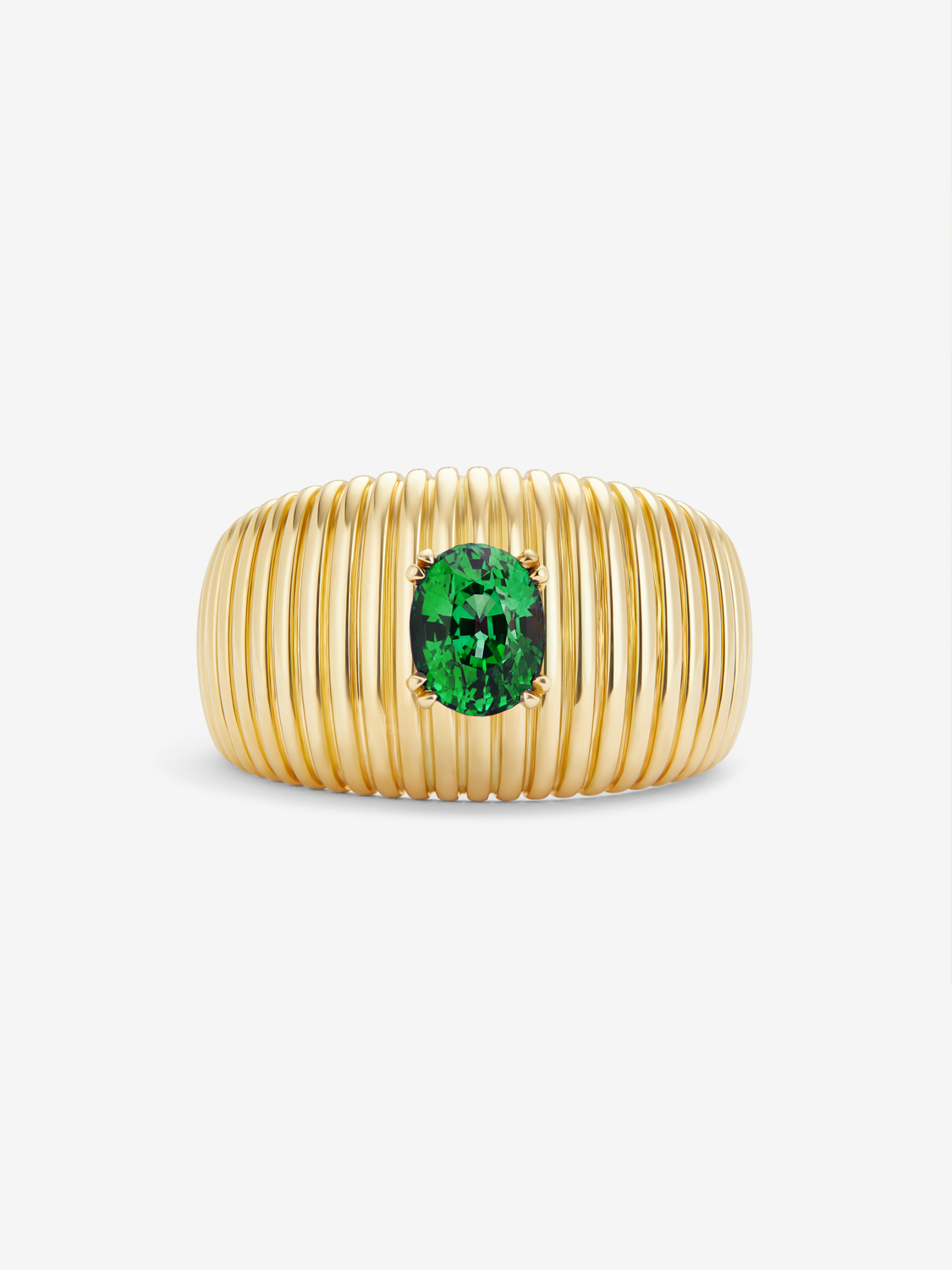 18K Yellow Gold Fluted Ring with Oval Cut Emerald