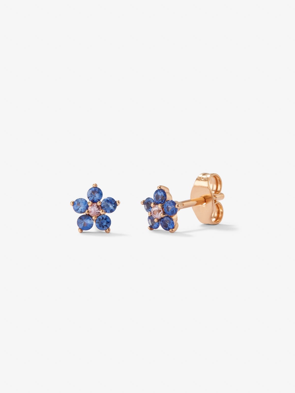 18K rose gold earrings with brilliant-cut blue and pink sapphires in the shape of a flower