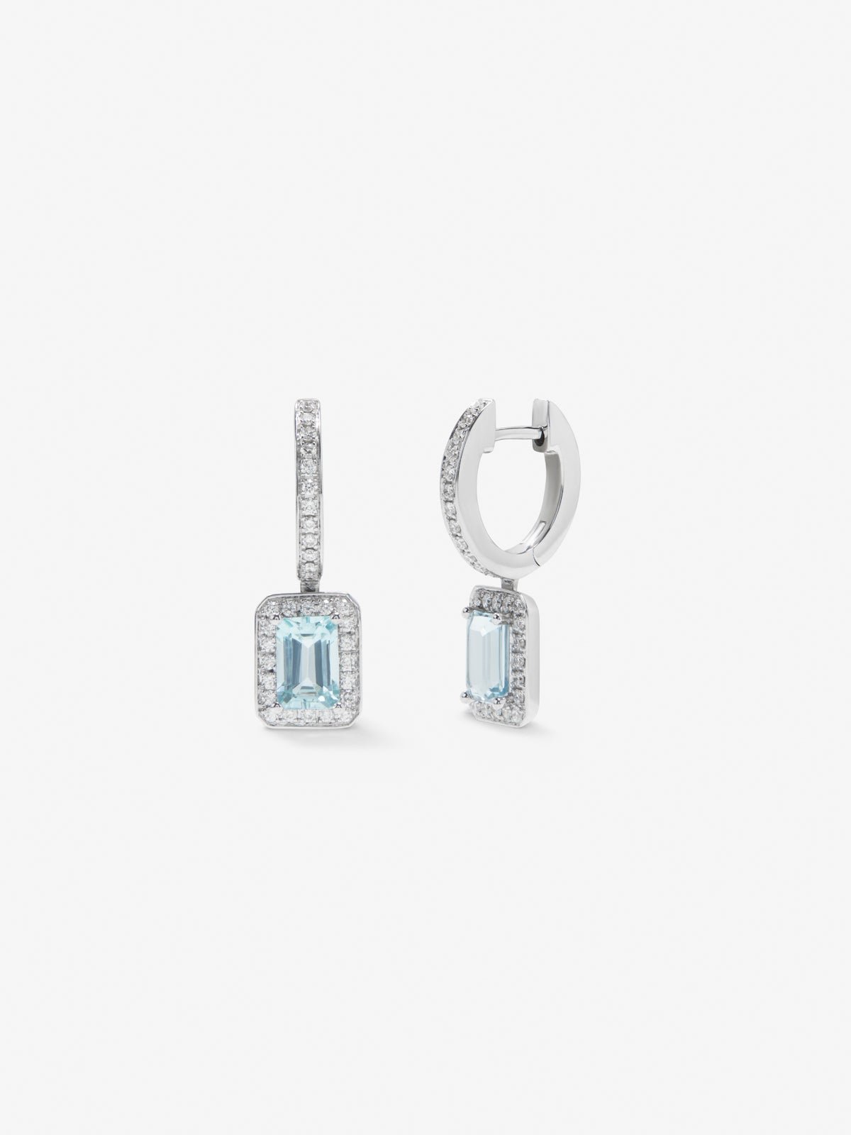 Hoop earrings with 18K white gold pendant featuring aquamarine and diamond