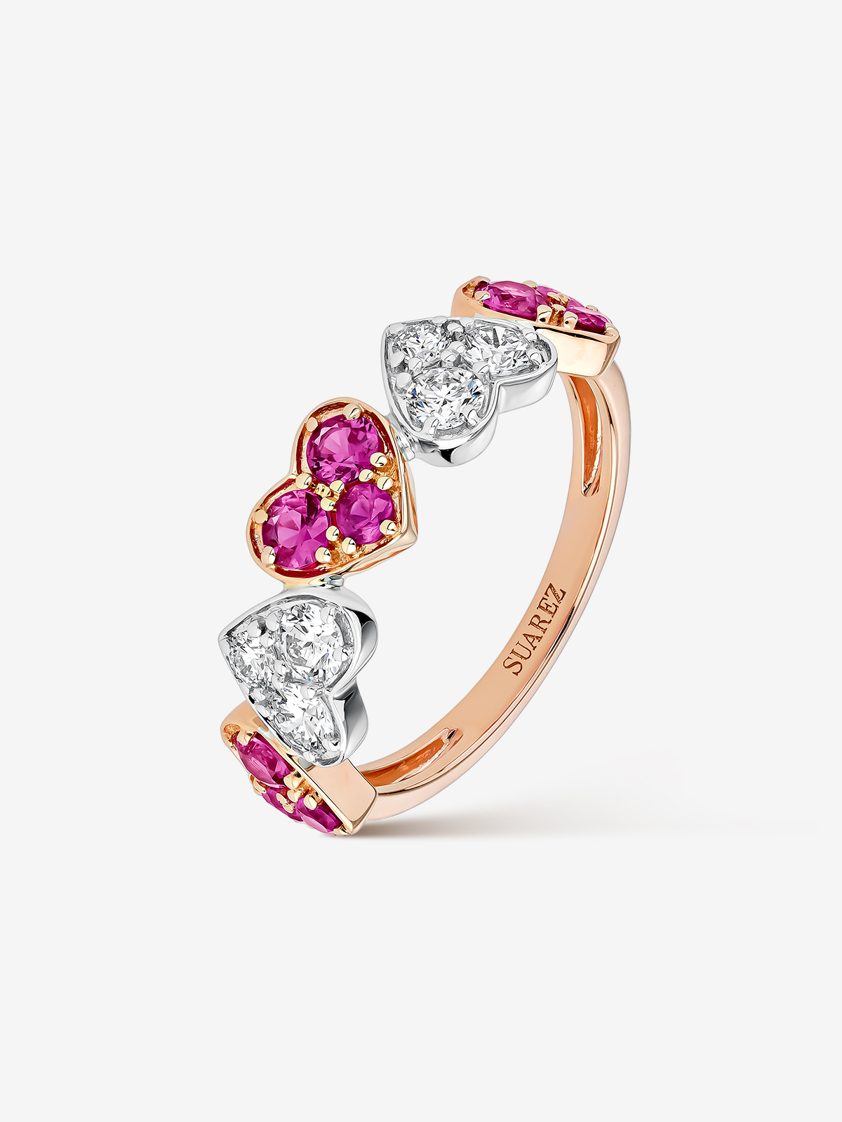 Rose gold and 18kt white gold hearts ring with pink sapphires and diamonds.
