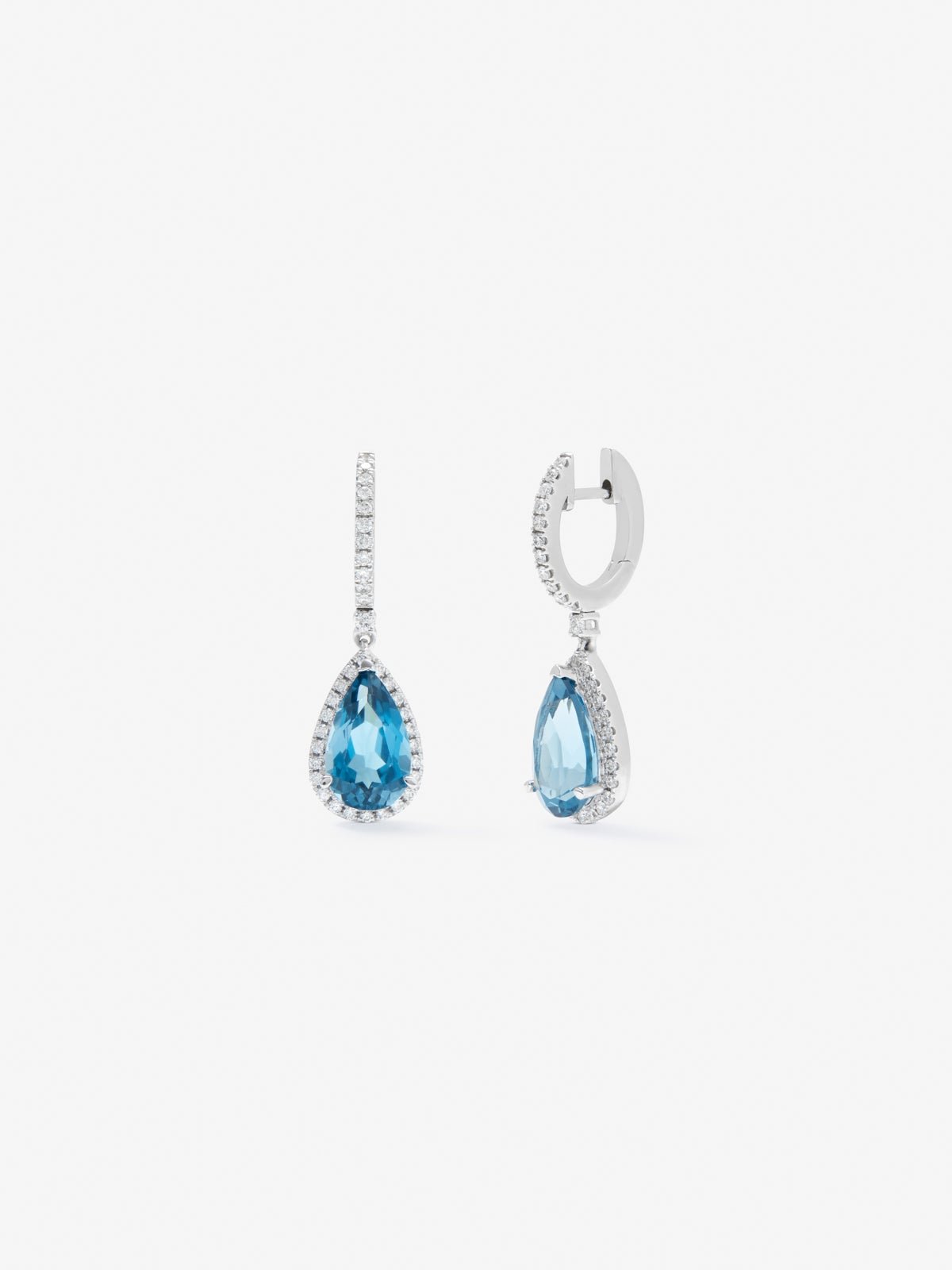 18K White Gold Hoop Earrings with Topaz and Diamond Pendant