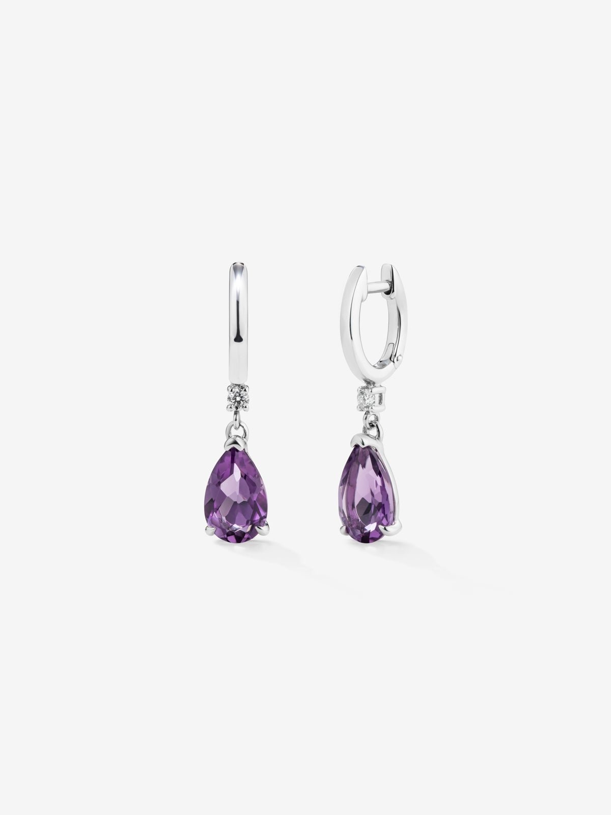 925 Silver hoop earrings with amethyst and hanging diamond.