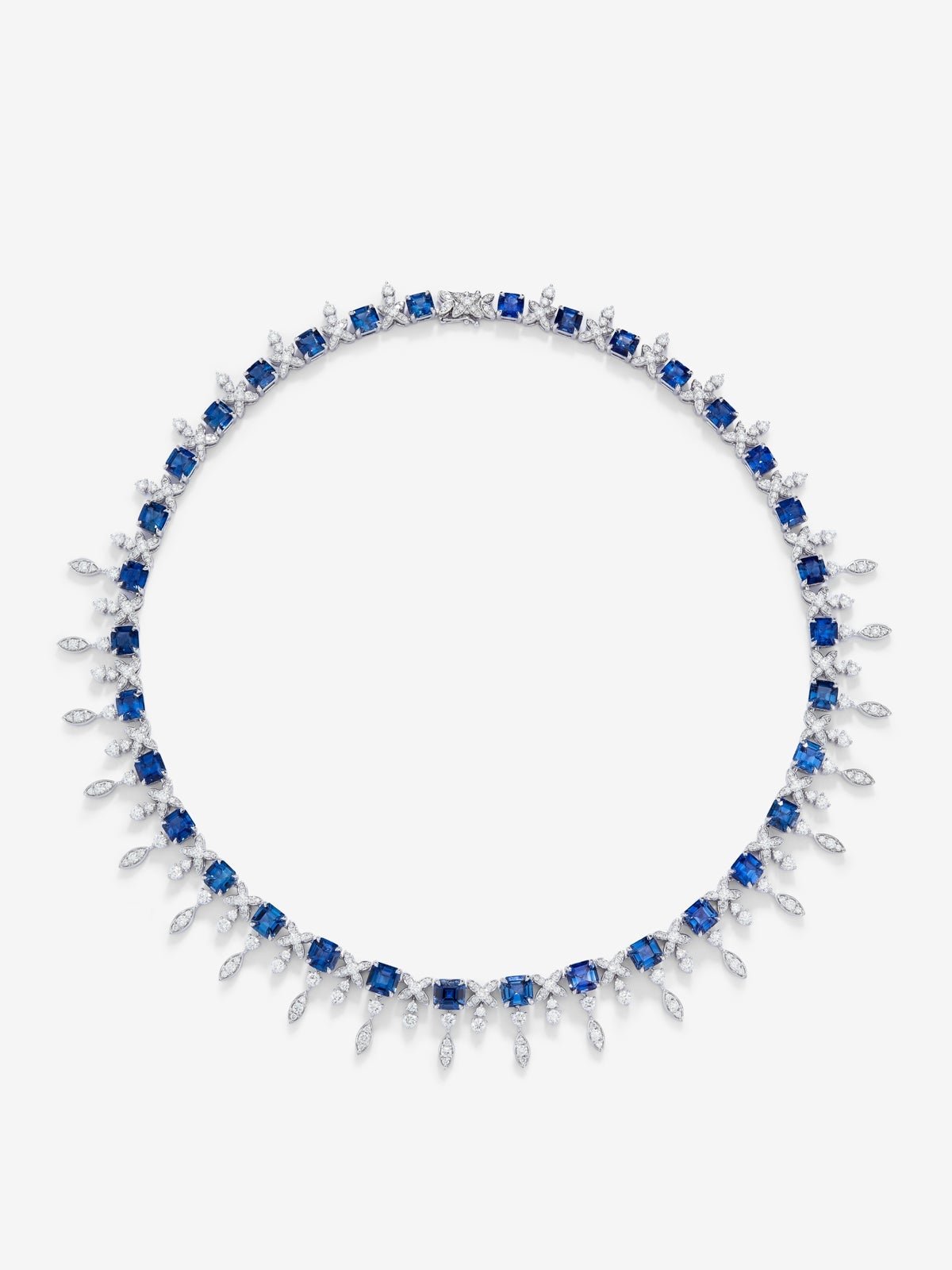 18K White Gold necklace with blue sapphires in 41.02 cts and white diamonds in bright 9.56 CTS diamonds