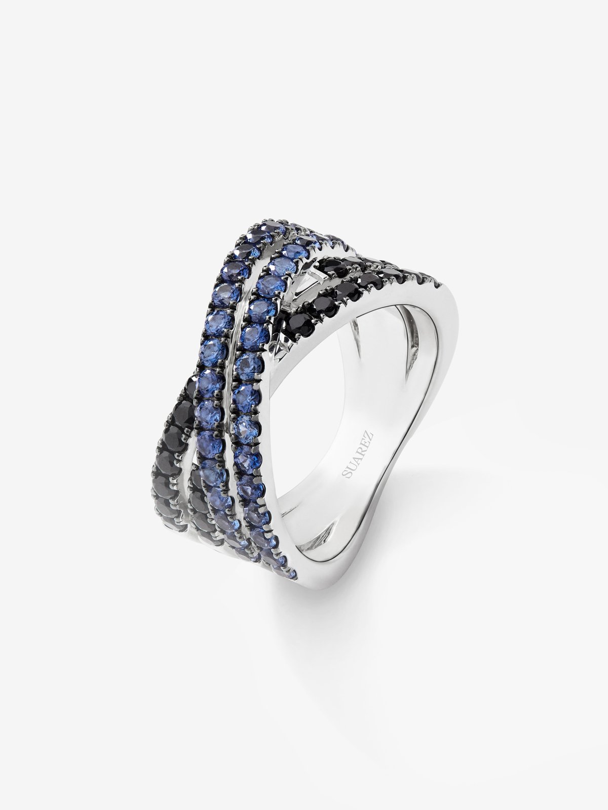 925 silver double arm cross ring with 36 brilliant-cut blue sapphires with a total of 1.26 cts and 22 black spinels with a total of 0.63 cts
