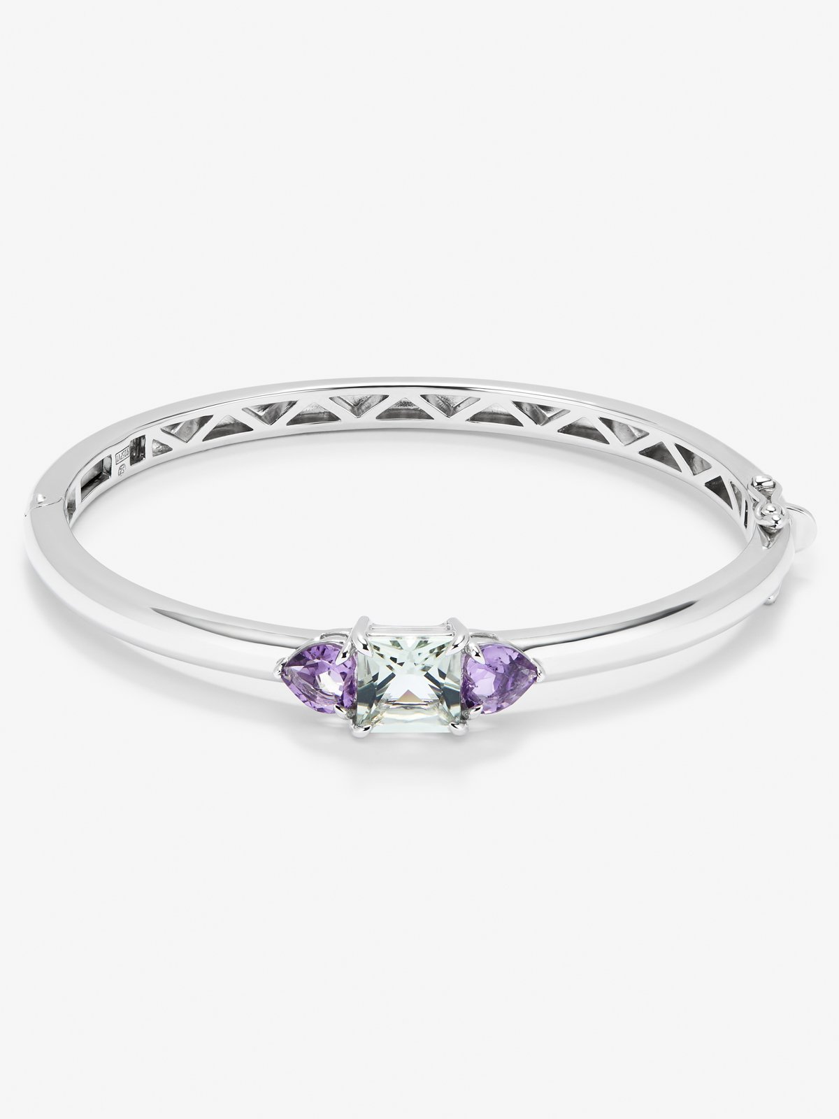 Pulsera de plata 925 con amatista verde en talla princesa de 2,19 cts y amatistas moradas en talla corazón de 1,6 cts