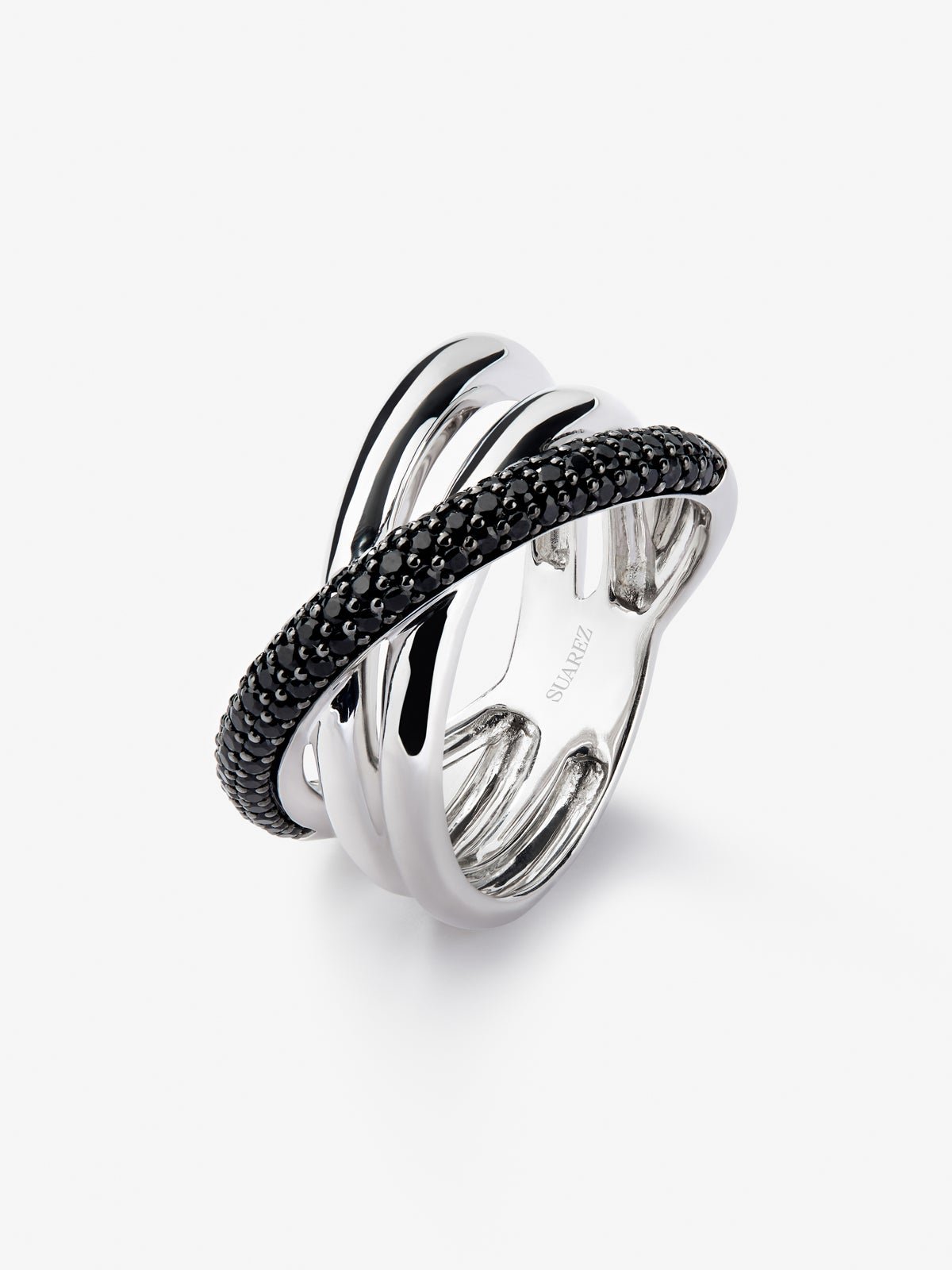 925 silver crossed multi-arm ring with brilliant-cut black spinels