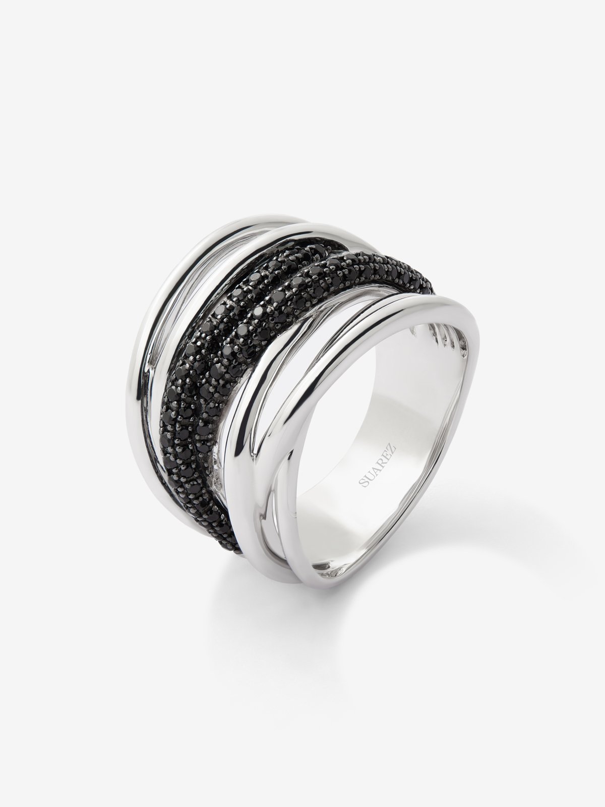 925 silver crossed multi-arm ring with 97 brilliant-cut black spinels