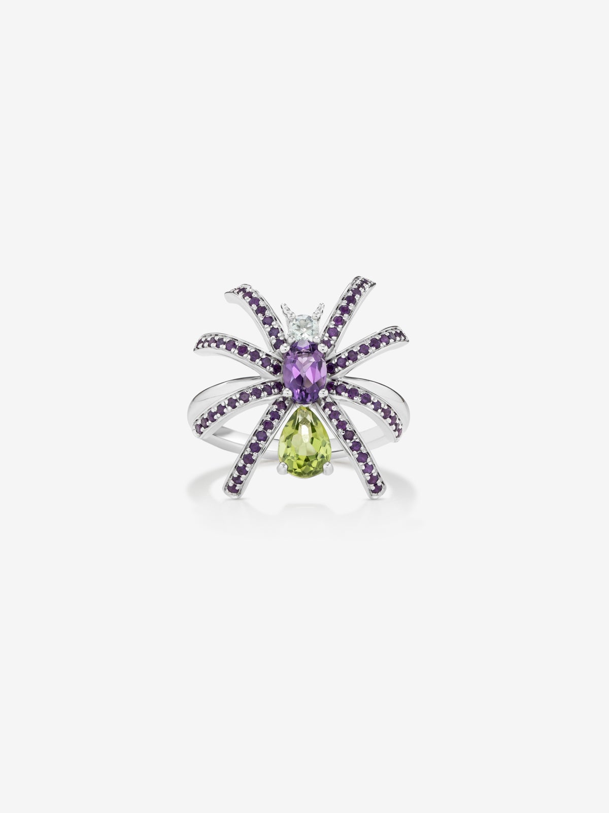 Silver spider ring with peridotos and amethyst