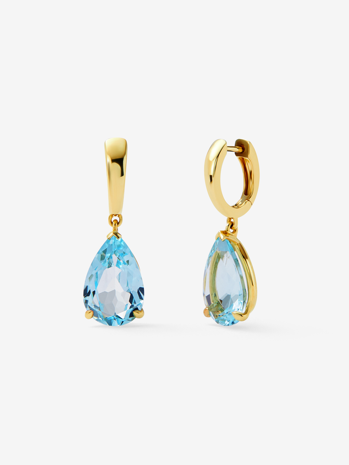 18K yellow gold hoop earrings with 2 pear-cut sky blue topazes