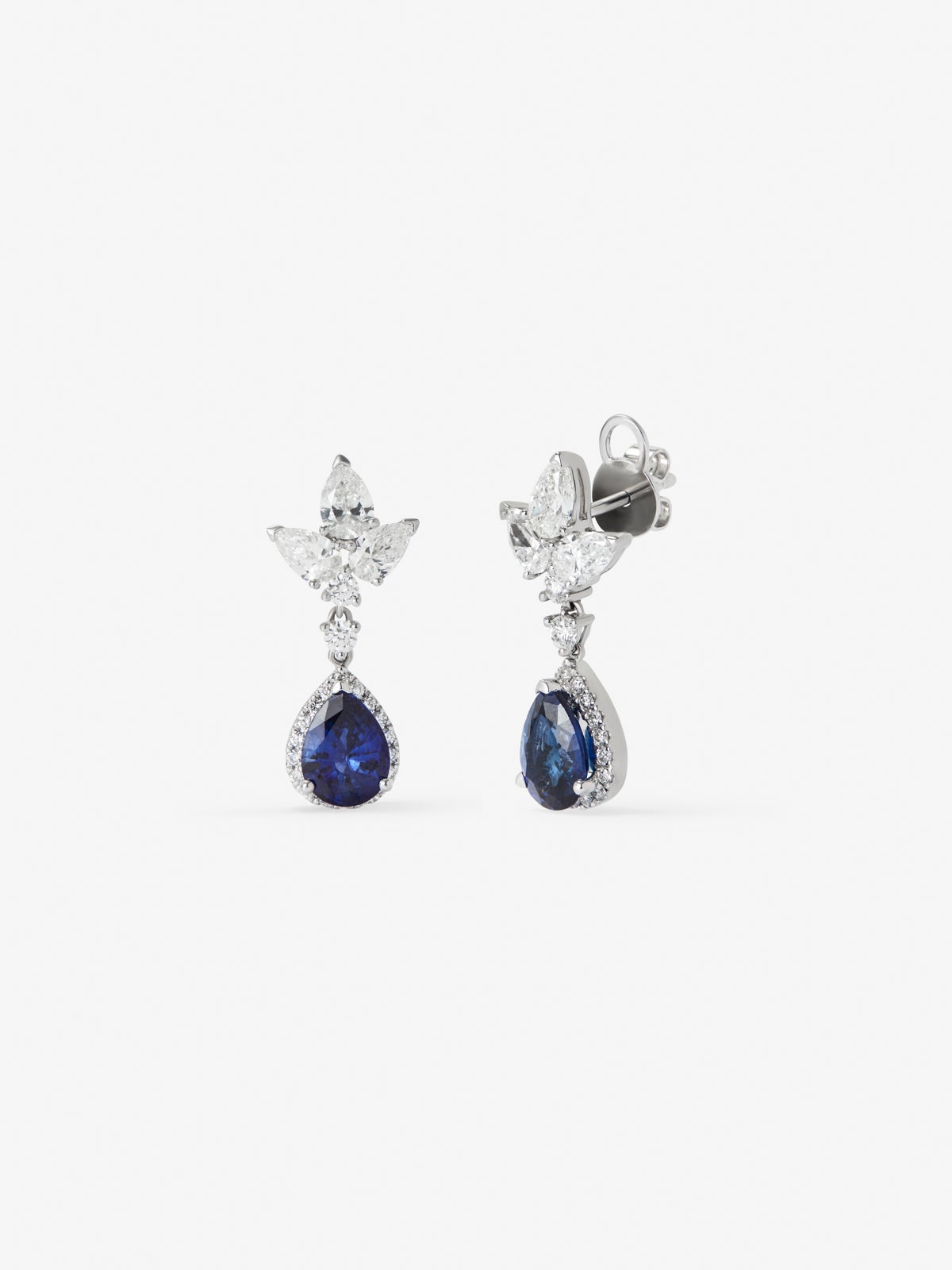 Pendientes de oro blanco de 18K con 2 zafiros rosas en talla pera con un total de 5,25 cts, 6 diamantes en talla con un total de 1,2 cts y 4 en talla brillante con un total de 0,14 cts