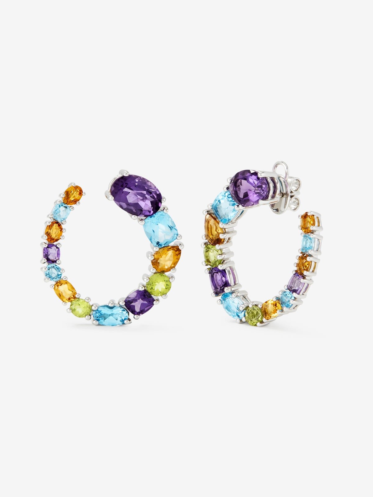 925 silver earrings with purple amethysts, green peridots, Swiss blue topaz and citrine quartz