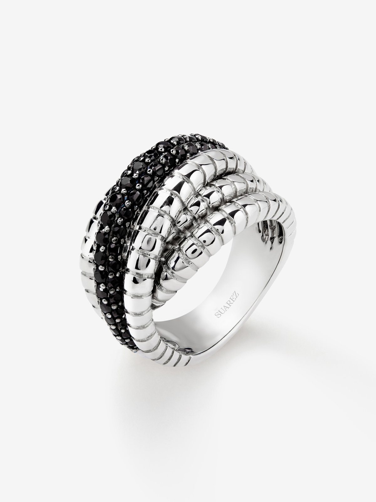 925 silver multi-arm ring with brilliant-cut black spinels