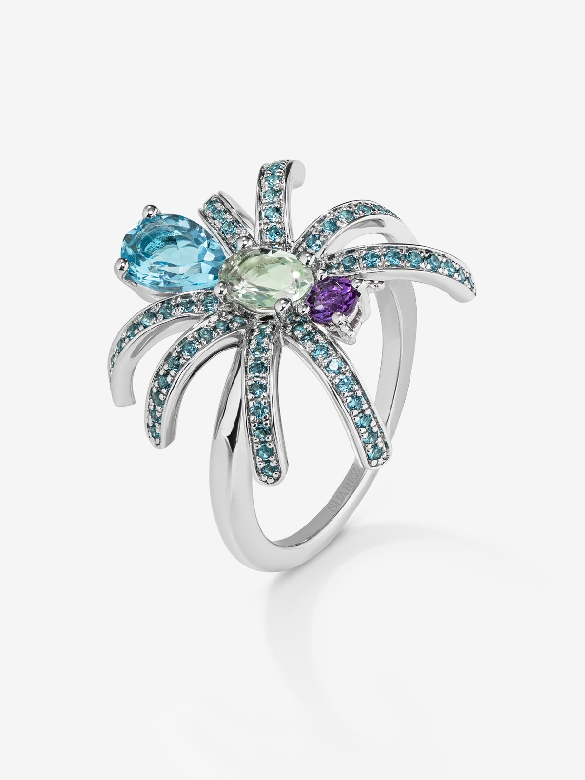 Silver Spider Ring with Topacios and amethyst