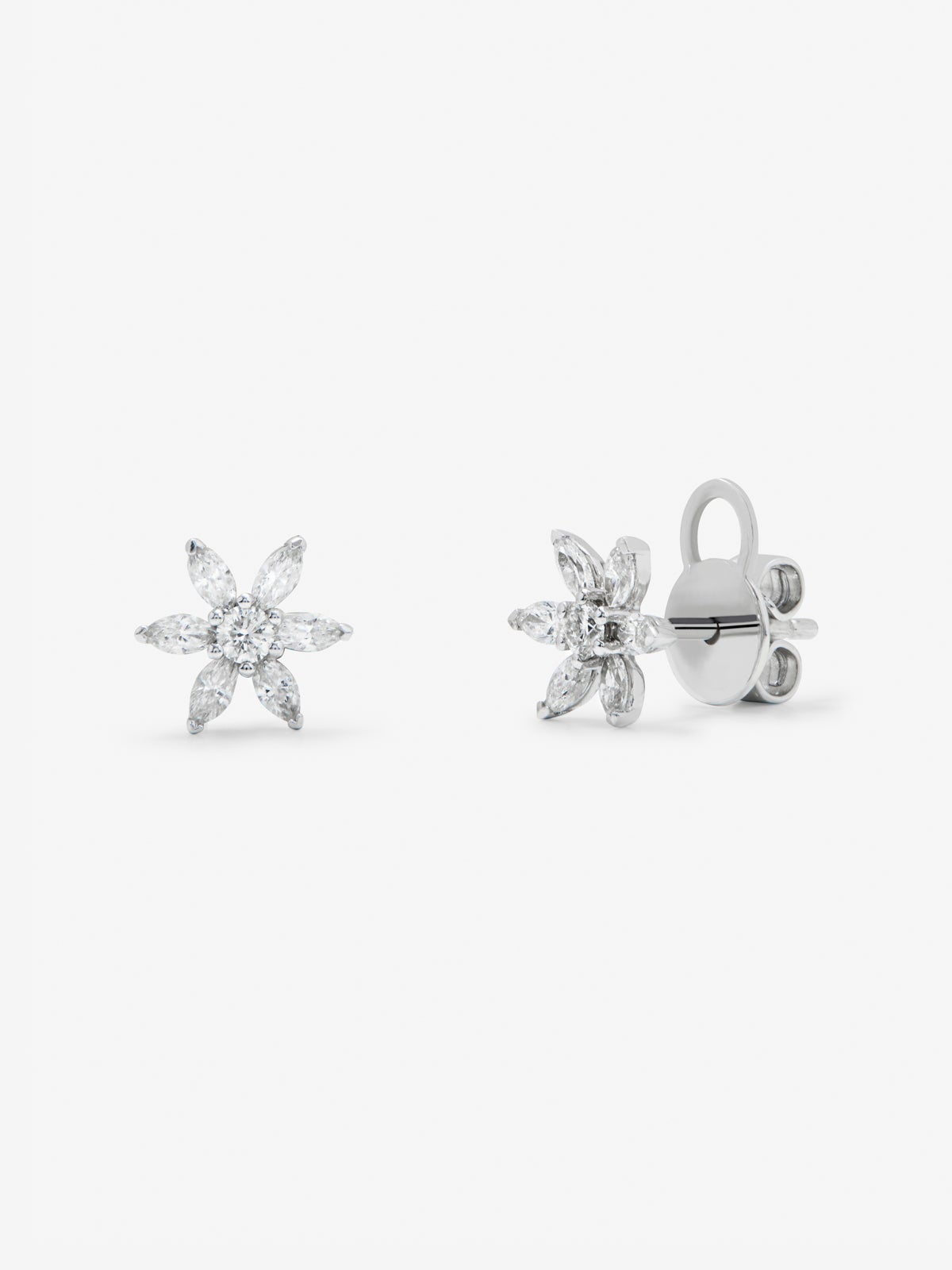 18K white gold earrings with 12 marquise cut diamonds with a total of 0.36 cts and 2 brilliant cut diamonds with a total of 0.09 cts